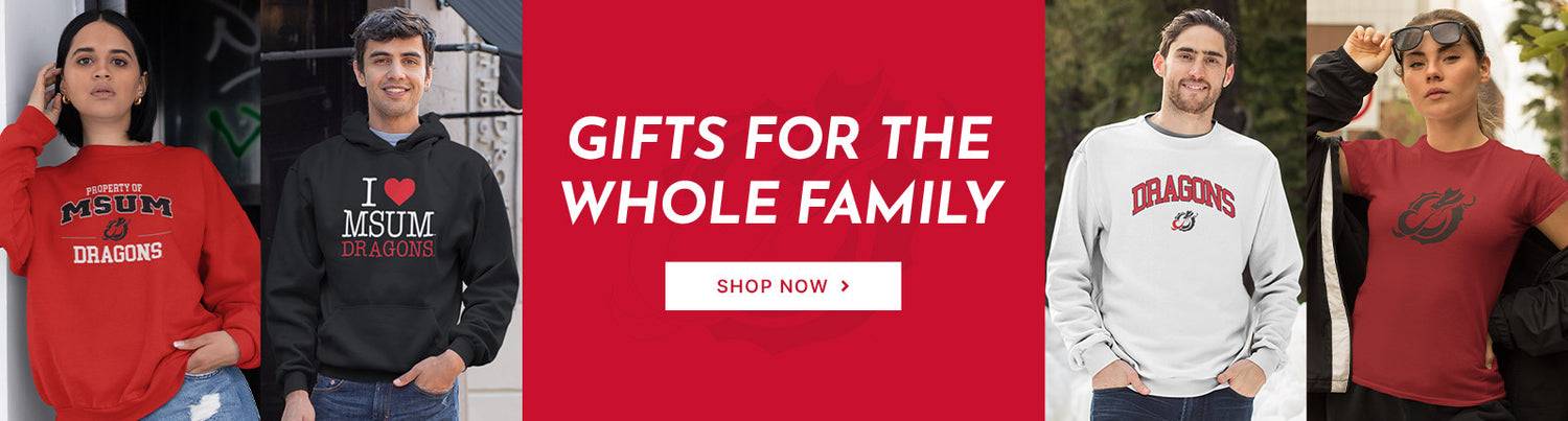 Gifts for the Whole Family. People wearing apparel from MSUM Minnesota State University Moorhead Dragons Apparel – Official Team Gear