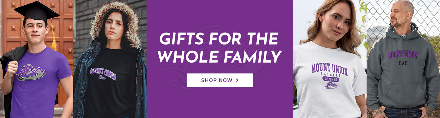 Gifts for the Whole Family. People wearing apparel from University of Mount Union Raiders