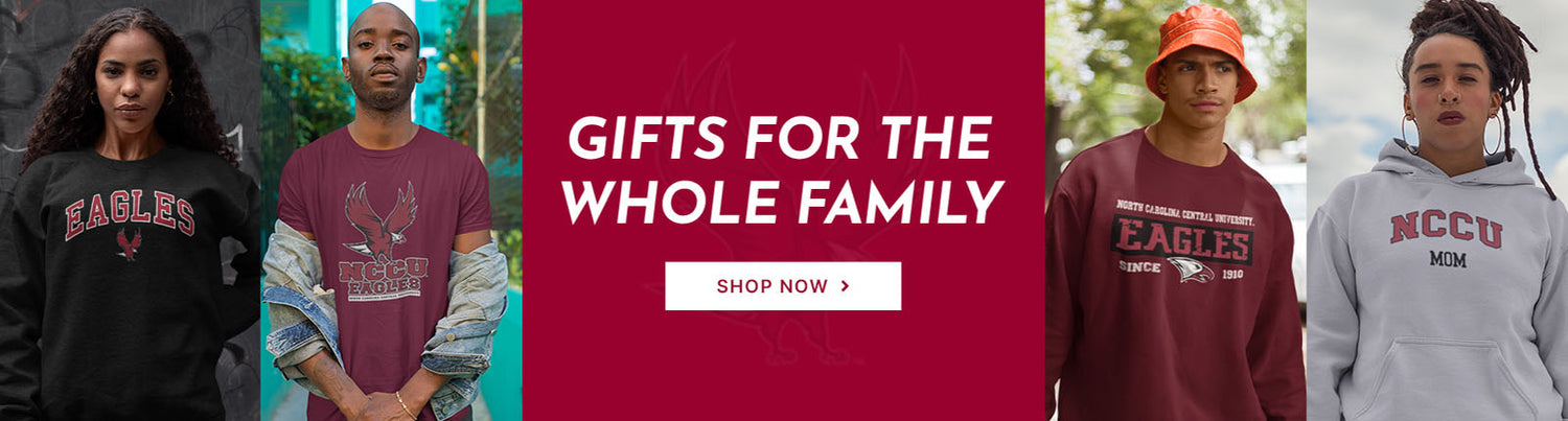 Gifts for the whole family. People wearing apparel from NCCU North Carolina Central University Eagles