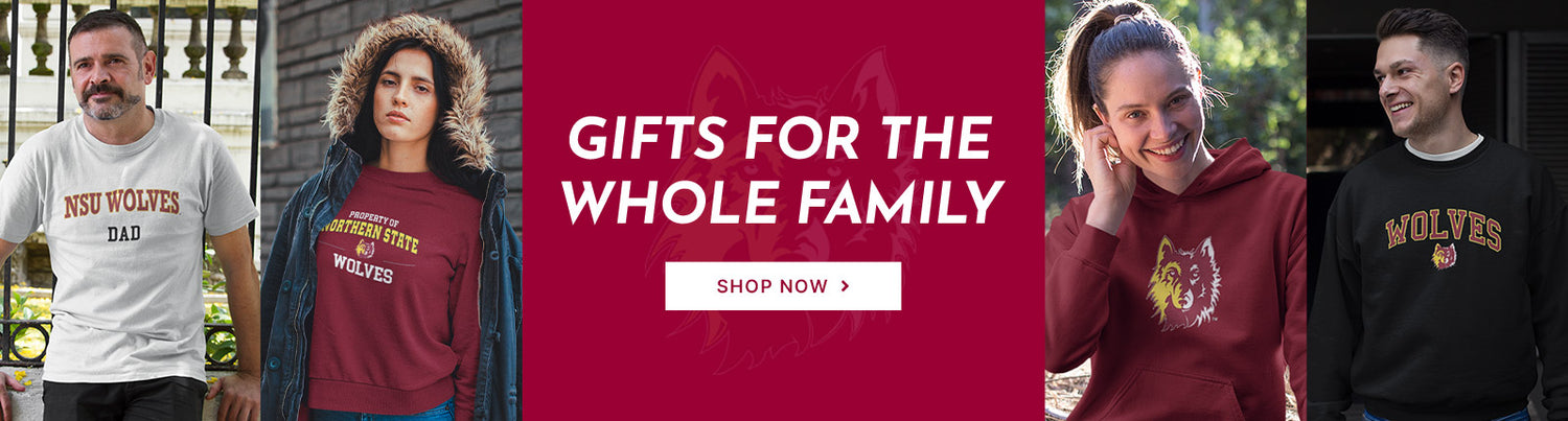 Gifts for the Whole Family. People wearing apparel from NSU Northern State University Wolves