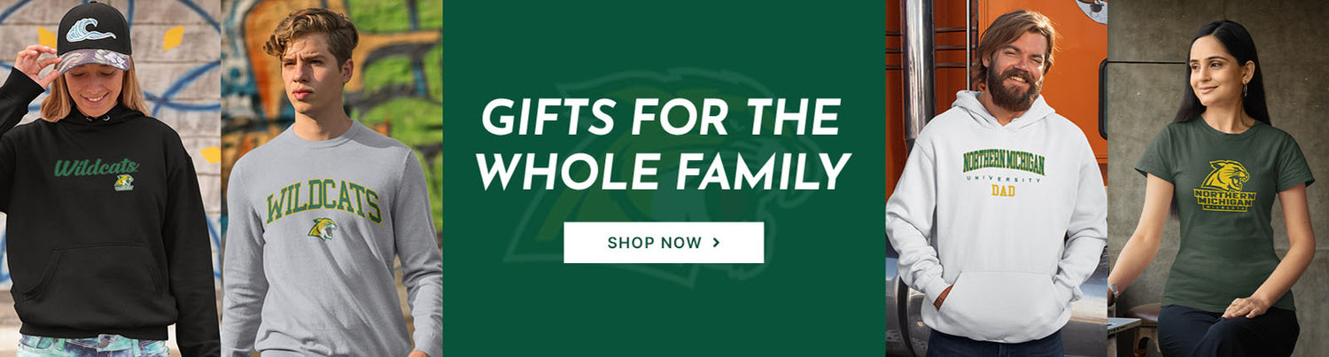 Gifts for the whole family. People wearing apparel from NMU Northern Michigan University Wildcats