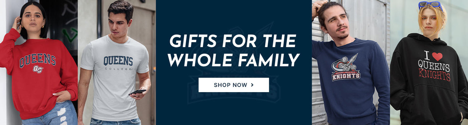 Gifts for the whole family. People wearing apparel from CUNY Queens College Knights