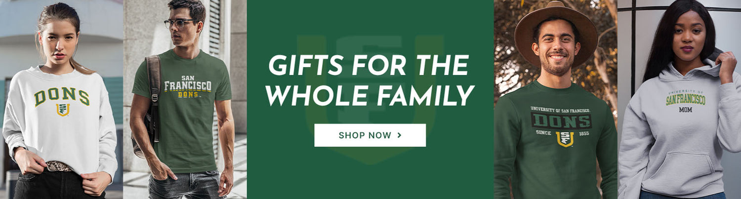 Gifts for the whole family. People wearing apparel from USFCA University of San Francisco Dons