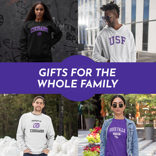 Gifts for the Whole Family. People wearing apparel from USF University of Sioux Falls Cougars Apparel – Official Team Gear - Mobile Banner