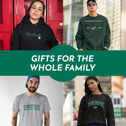 Gifts for the whole family. People wearing apparel from SRU Slippery Rock University The Rock - Mobile Banner