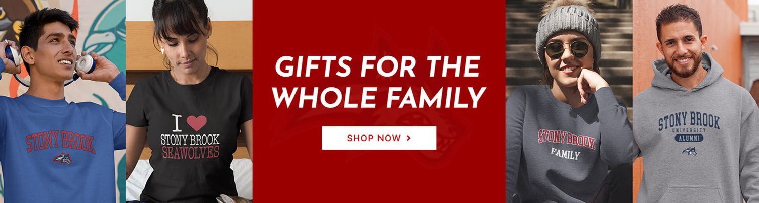 Gifts for the whole family. People wearing apparel from Stony Brook University Seawolves