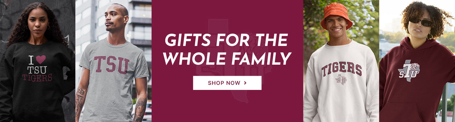 Gifts for the Whole Family. People wearing apparel from TSU Texas Southern University Tigers