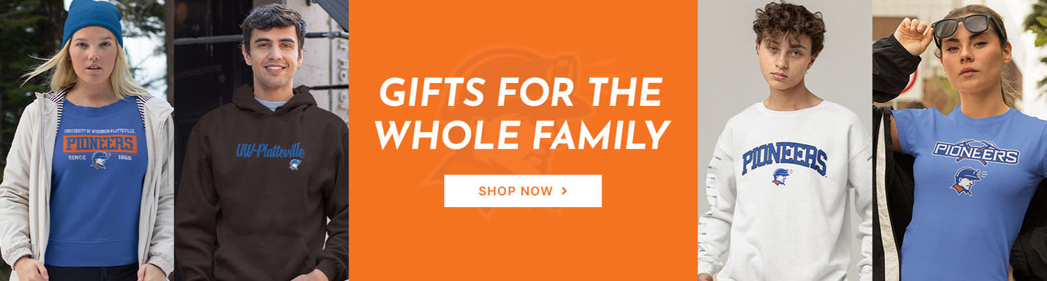 Gifts for the Whole Family. People wearing apparel from UW University of Wisconsin Platteville Pioneers