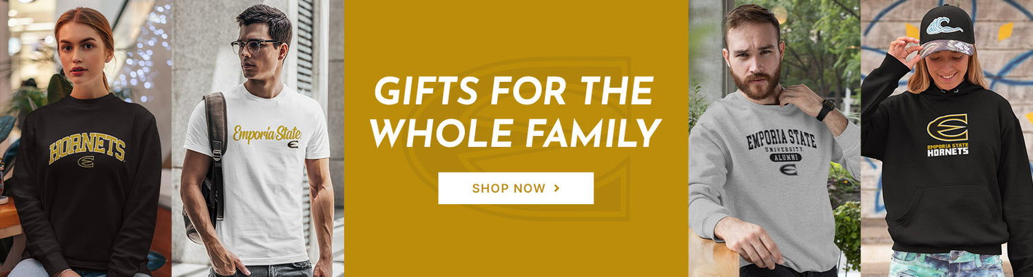 Gifts for the Whole Family. People wearing apparel from Emporia State University Hornets