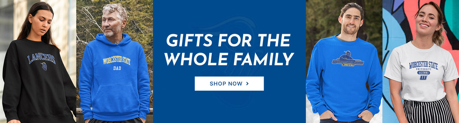 Gifts for the Whole Family. People wearing apparel from Worcester State University Lancers