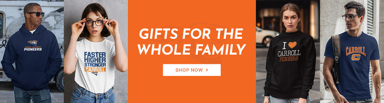 Gifts for the Whole Family. People wearing apparel from Carroll University Pioneers