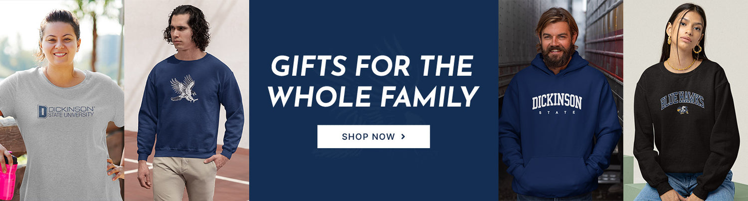 Gifts for the Whole Family. People wearing apparel from Dickinson State University Blue Hawks