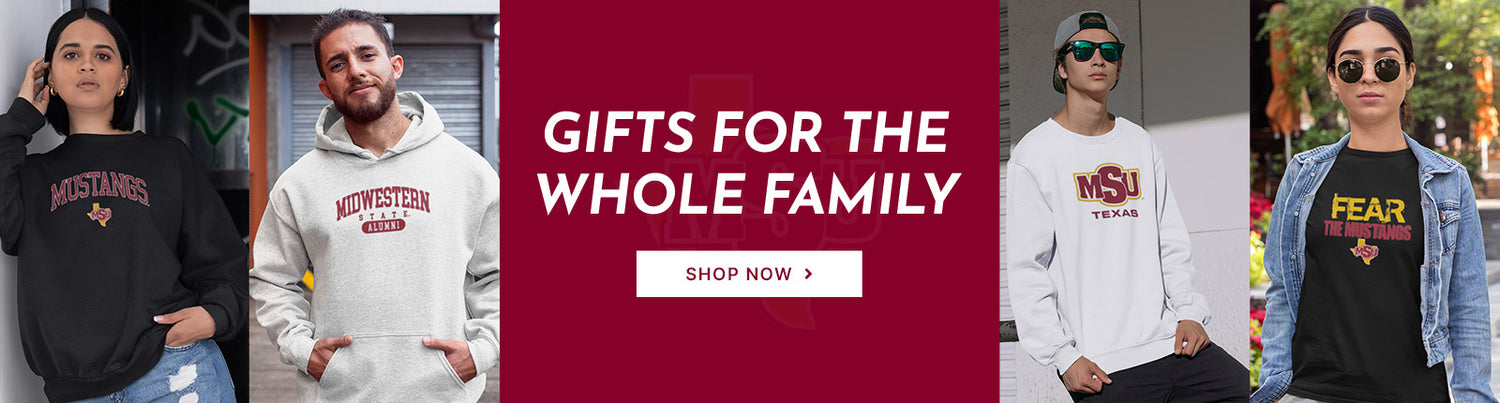 Gifts for the Whole Family. People wearing apparel from Midwestern State University Mustangs