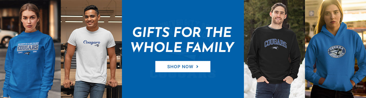 Gifts for the Whole Family. People wearing apparel from University of Saint Francis Cougars