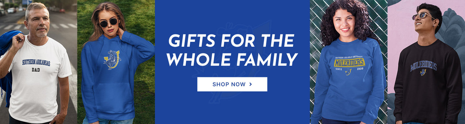 Gifts for the Whole Family. People wearing apparel from Southern Arkansas University Muleriders