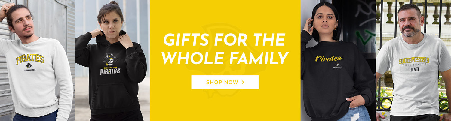 Gifts for the Whole Family. People wearing apparel from Southwestern University Pirates
