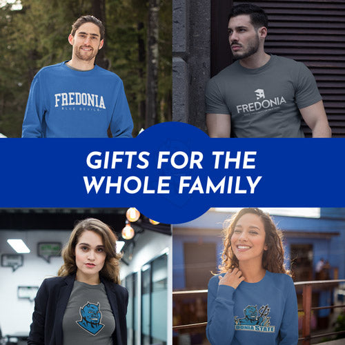 Gifts for the Whole Family. People wearing apparel from Fredonia State University Blue Devils - Mobile Banner
