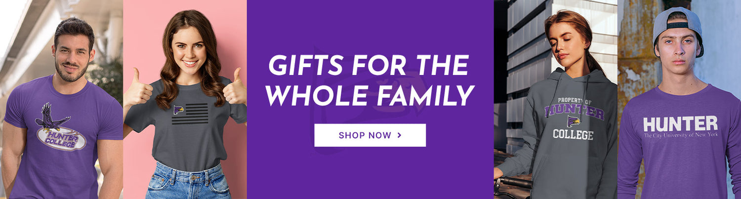Gifts for the Whole Family. People wearing apparel from Hunter College Hawks