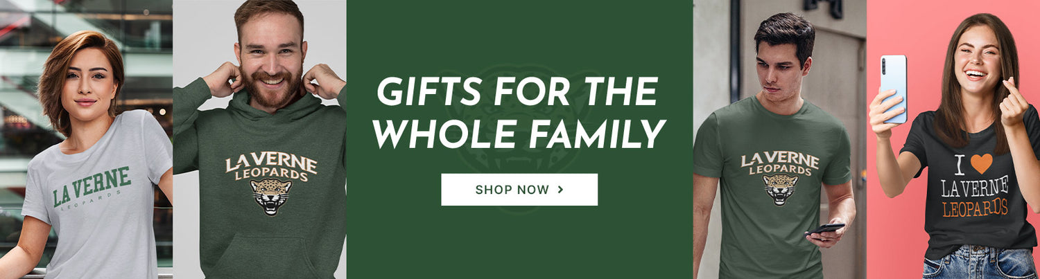 Gifts for the Whole Family. People wearing apparel from University of La Verne Leopards