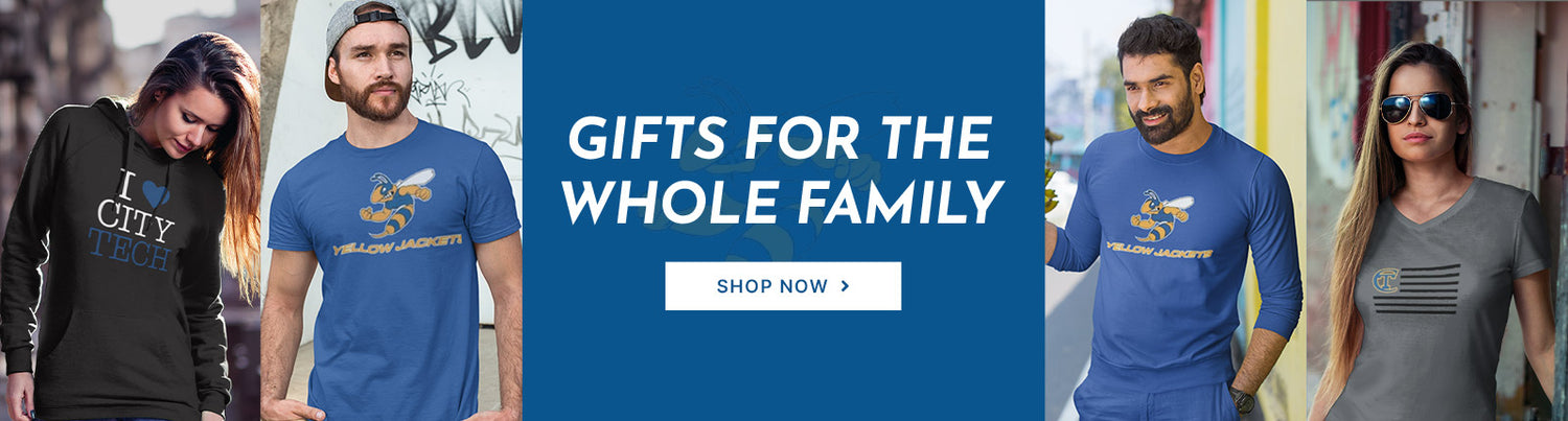 Gifts for the Whole Family. People wearing apparel from New York City College of Technology Yellow Jackets