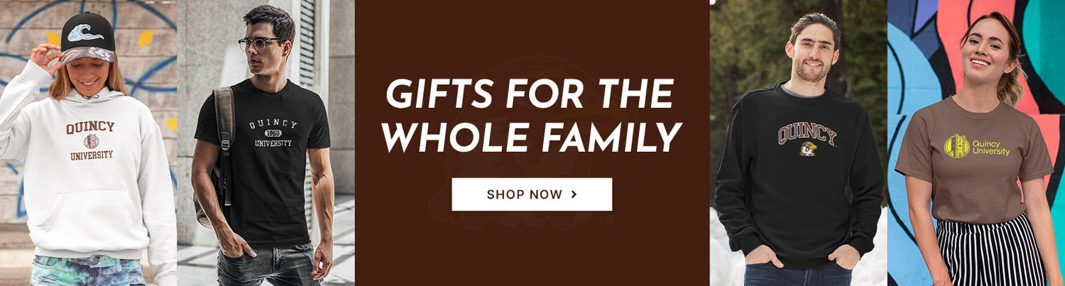 Gifts for the Whole Family. People wearing apparel from Quincy University Hawks