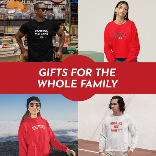 Gifts for the Whole Family. People wearing apparel from Saint Francis University Red Flash Official Team Apparel - Mobile Banner
