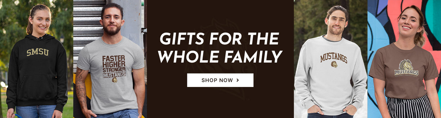 Gifts for the Whole Family. People wearing apparel from Southwest Minnesota State University Mustangs Official Team Apparel
