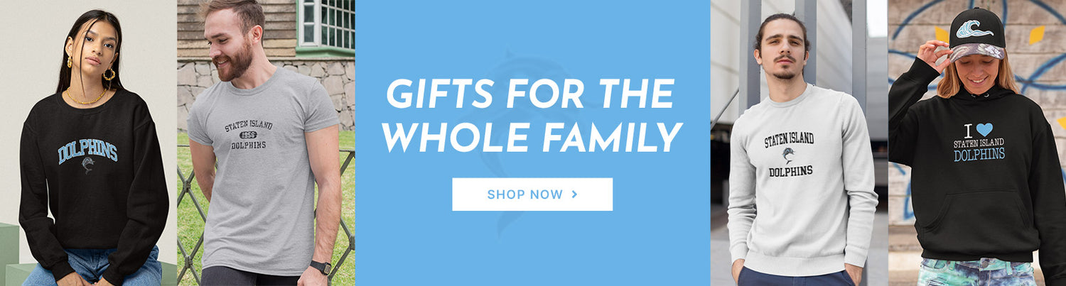 Gifts for the Whole Family. People wearing apparel from CUNY College of Staten Island Dolphins