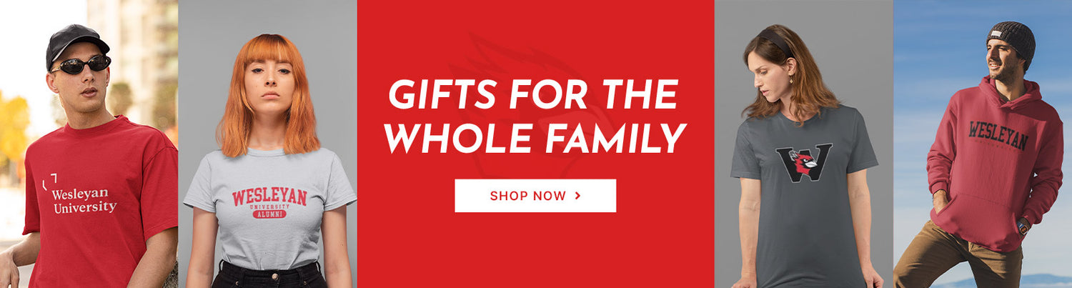 Gifts for the Whole Family. People wearing apparel from Wesleyan University Cardinals