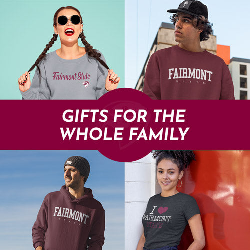 Gifts for the Whole Family. People wearing apparel from Fairmont State University Falcons Official Team Apparel - Mobile Banner