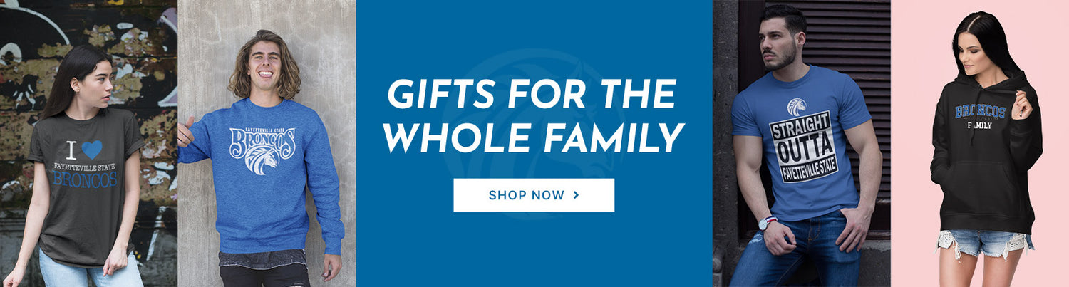 Gifts for the Whole Family. People wearing apparel from Fayetteville State University Broncos Official Team Apparel