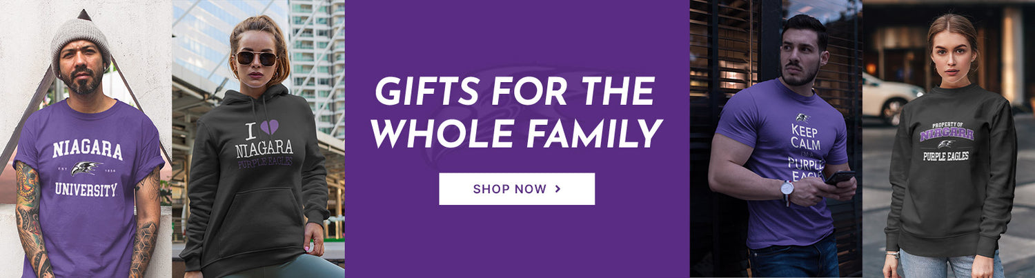 Gifts for the Whole Family. People wearing apparel from Niagara University Purple Eagles