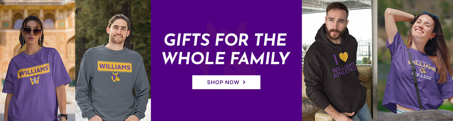 Gifts for the Whole Family. People wearing apparel from Williams College Ephs The Purple Cows Official Team Apparel
