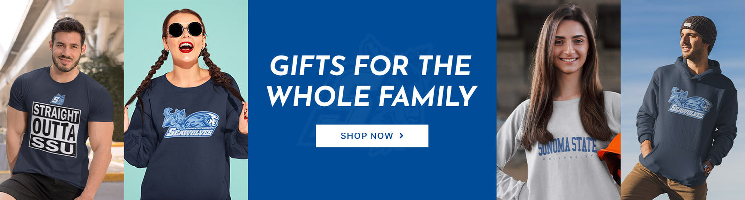 Gifts for the Whole Family. People wearing apparel from Sonoma State University Seawolves