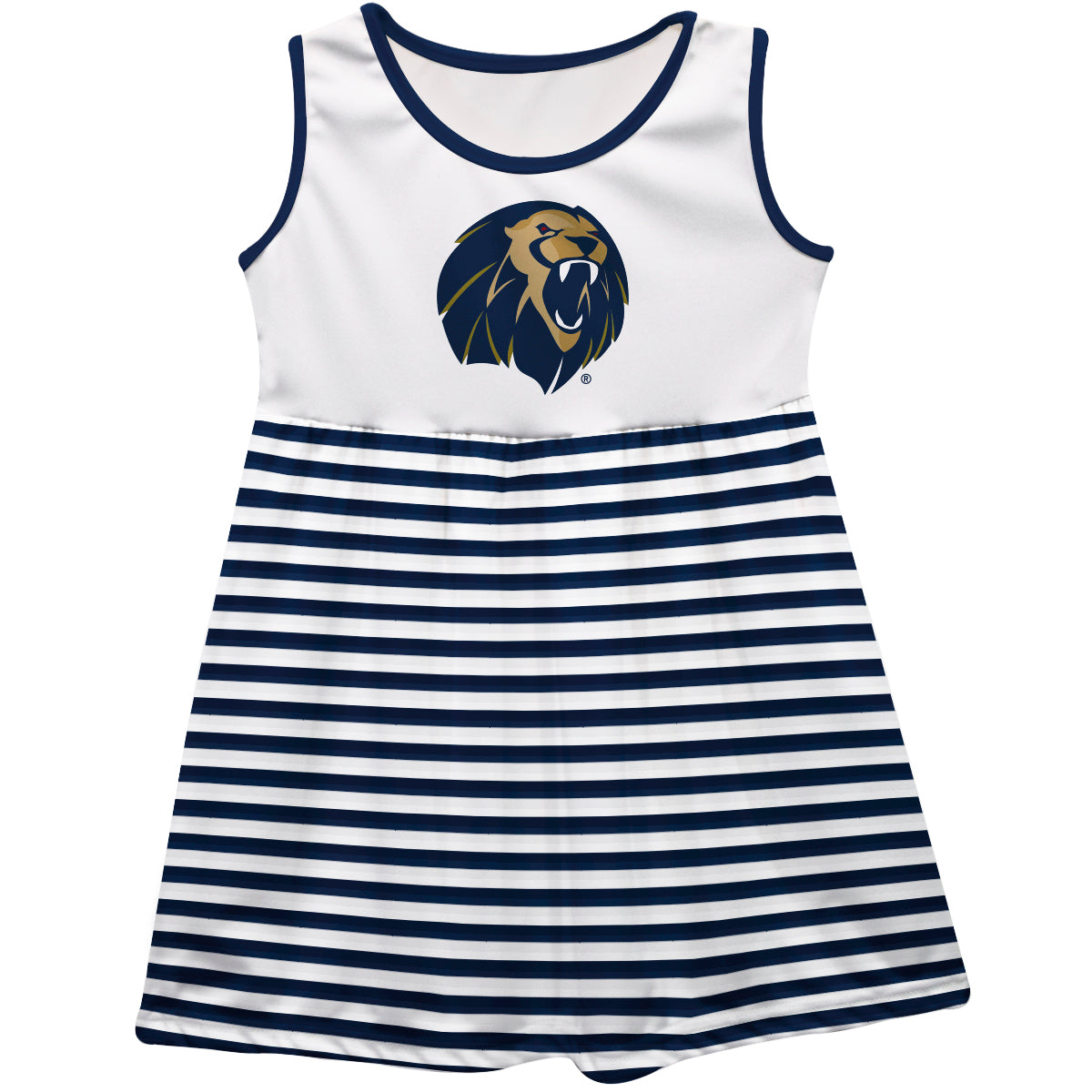 Arkansas Fort Smith UAFS Lions Girls Game Day Sleeveless Tank Dress Solid Navy Logo Stripes on Skirt by Vive La Fete-Campus-Wardrobe