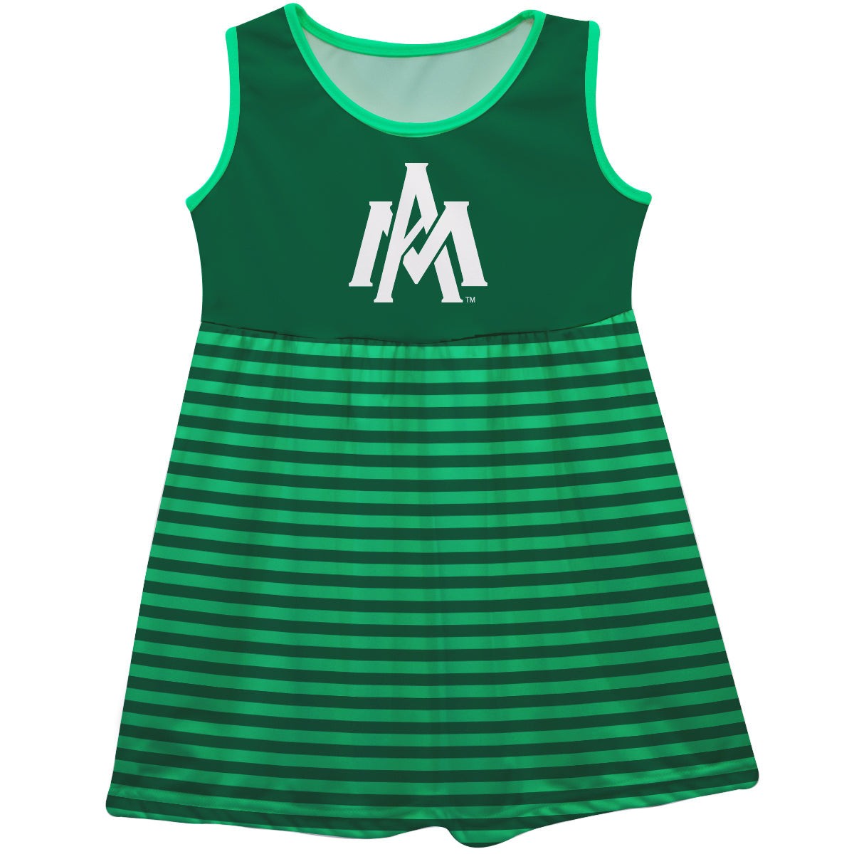 University of Arkansas Monticello Boll Weevils Girls Game Day Sleeveless Tank Dress Solid Green Logo Stripes on Skirt by Vive La Fete-Campus-Wardrobe