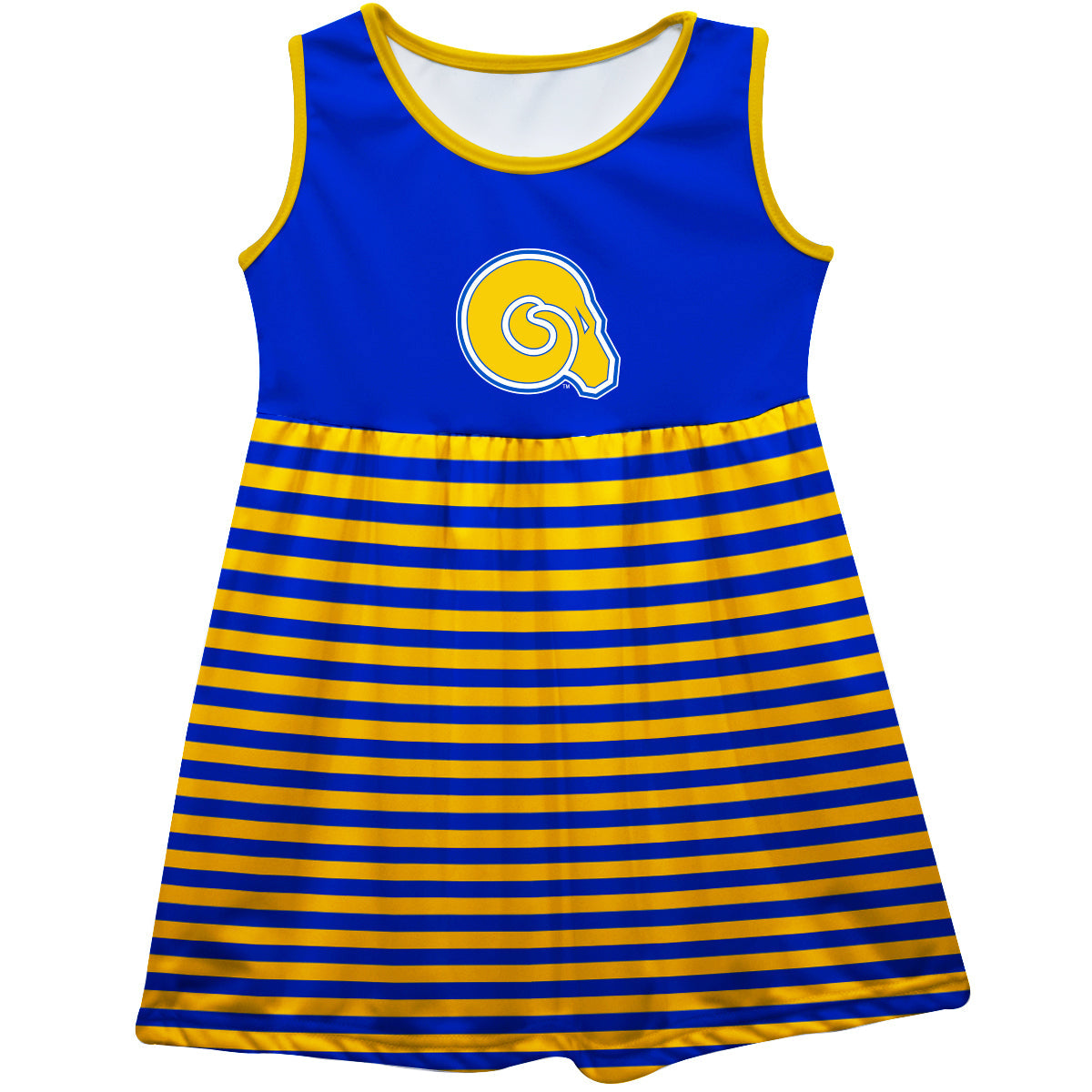 Albany State Rams ASU Girls Game Day Sleeveless Tank Dress Solid Blue Mascot Stripes on Skirt by Vive La Fete-Campus-Wardrobe