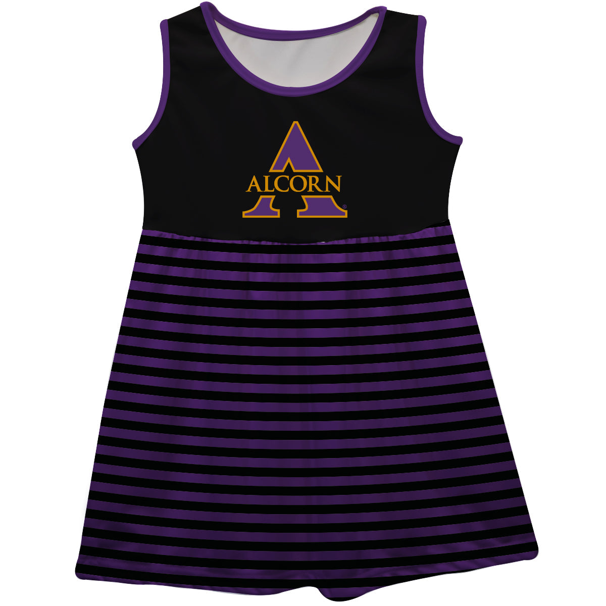 Alcorn State University Braves Girls Game Day Sleeveless Tank Dress Solid Black Logo Stripes on Skirt by Vive La Fete-Campus-Wardrobe