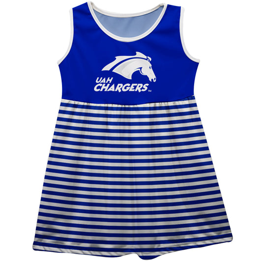 Alabama at Huntsville Chargers Girls Game Day Sleeveless Tank Dress Solid Blue Mascot Stripes on Skirt by Vive La Fete-Campus-Wardrobe