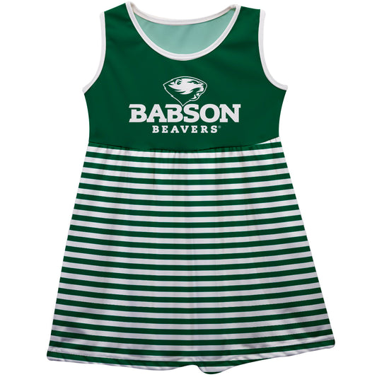 Babson College Beavers Girls Game Day Sleeveless Tank Dress Solid Green Logo Stripes on Skirt by Vive La Fete-Campus-Wardrobe