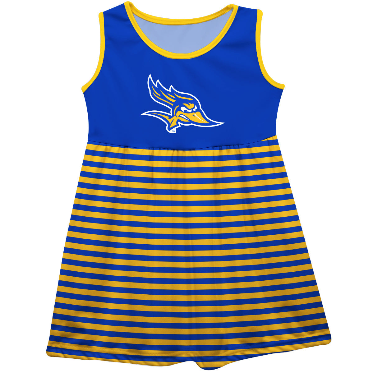 CSU Bakersfield Roadrunners Blue and Gold Sleeveless Tank Dress with Stripes on Skirt by Vive La Fete-Campus-Wardrobe