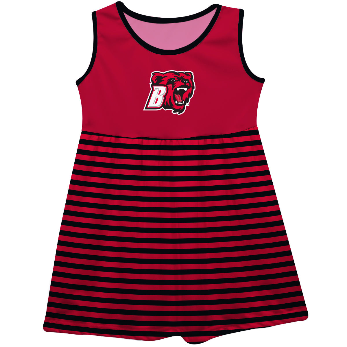 Bridgewater State University Bears BSU Red and Black Sleeveless Tank Dress with Stripes on Skirt by Vive La Fete-Campus-Wardrobe