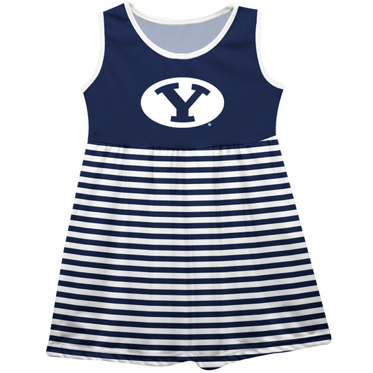Brigham Young Cougars BYU Girls Game Day Sleeveless Tank Dress Solid Blue Logo Stripes on Skirt by Vive La Fete-Campus-Wardrobe