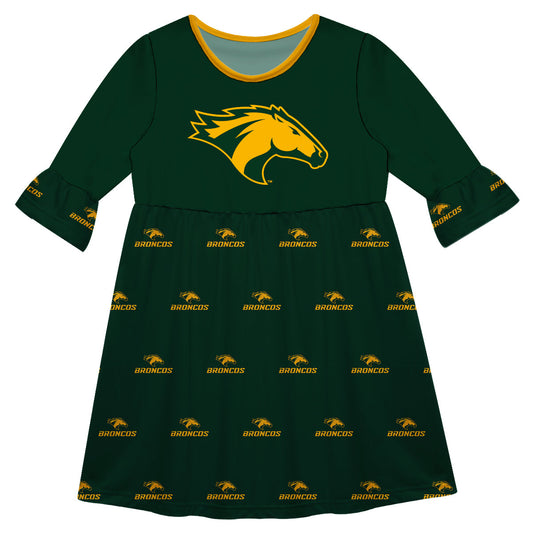 Cal Poly Pomona Broncos Girls Game Day 3/4 Sleeve Solid Green All Over Logo on Skirt by Vive La Fete-Campus-Wardrobe