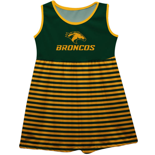 Cal Poly Pomona Broncos Girls Game Day Sleeveless Tank Dress Solid Green Logo Stripes on Skirt by Vive La Fete-Campus-Wardrobe
