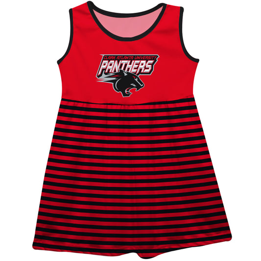 Clark Atlanta Panthers Girls Game Day Sleeveless Tank Dress Solid Red Logo Stripes on Skirt by Vive La Fete-Campus-Wardrobe