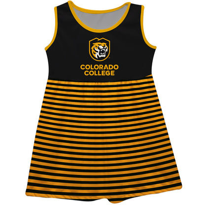 Colorado College Tigers Girls Game Day Sleeveless Tank Dress Solid Black Logo Stripes on Skirt by Vive La Fete-Campus-Wardrobe