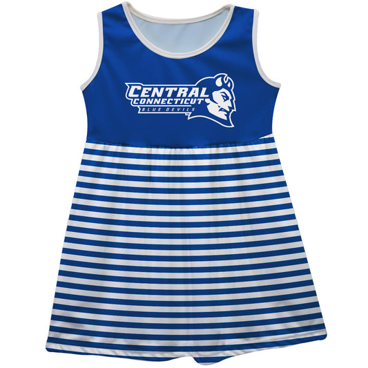 Central Connecticut State Blue Devils CCSU Girls Game Day Sleeveless Tank Dress Solid Blue Logo Stripes on Skirt by Vive La Fete-Campus-Wardrobe