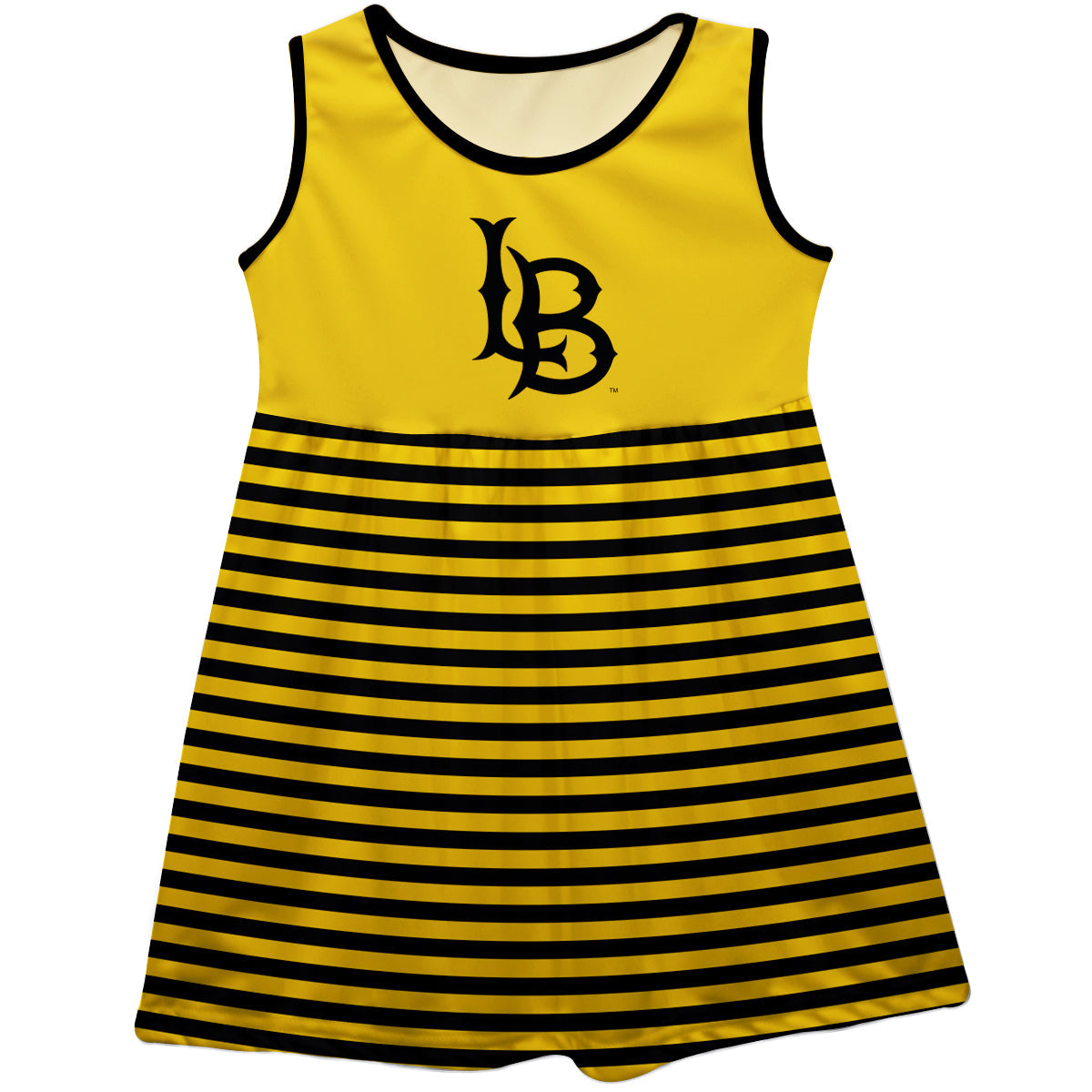 Cal State Long Beach 49ers Girls Game Day Sleeveless Tank Dress Solid Gold Logo Stripes on Skirt by Vive La Fete-Campus-Wardrobe