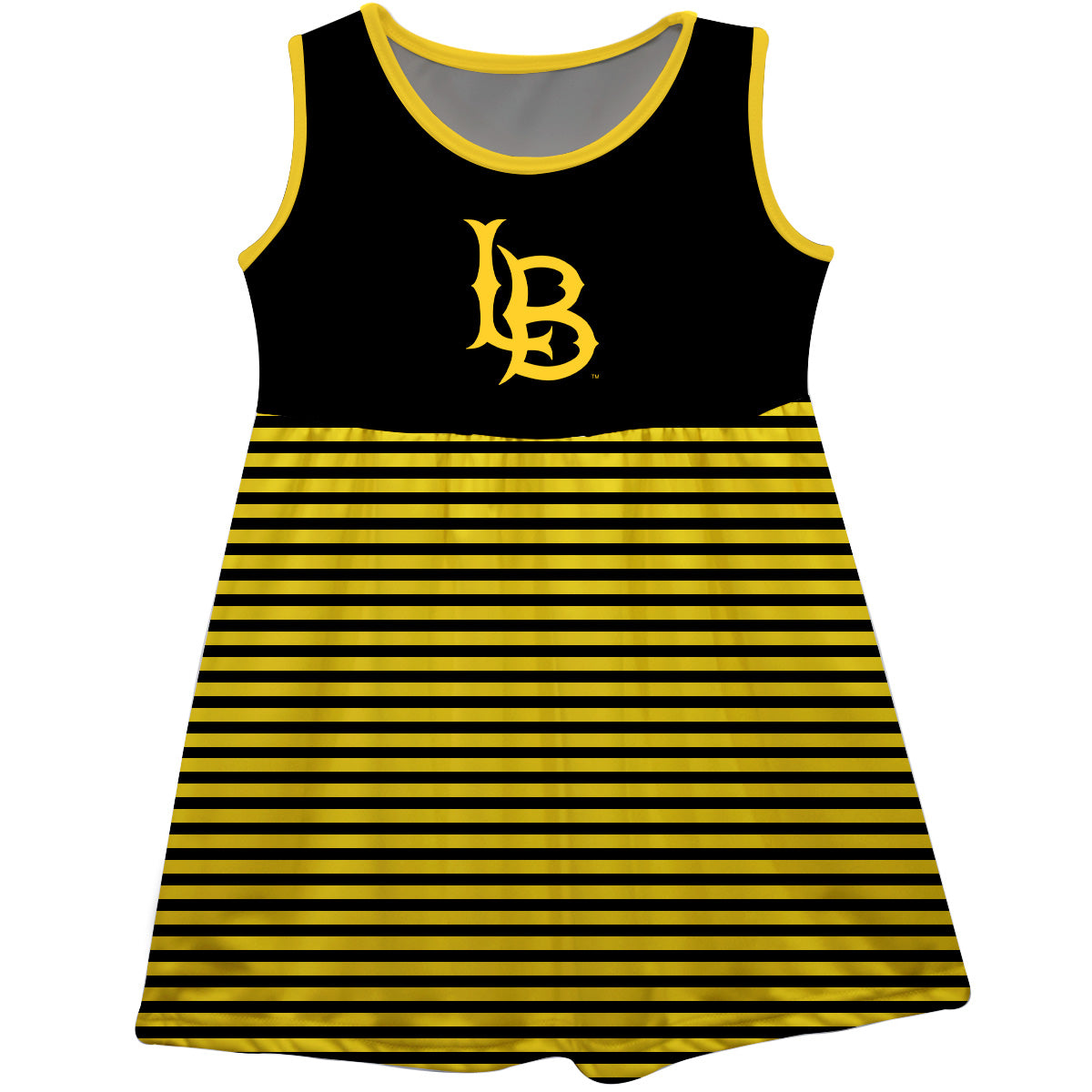 CSULB 49ers Girls Game Day Sleeveless Tank Dress Solid Black Logo Stripes on Skirt by Vive La Fete-Campus-Wardrobe